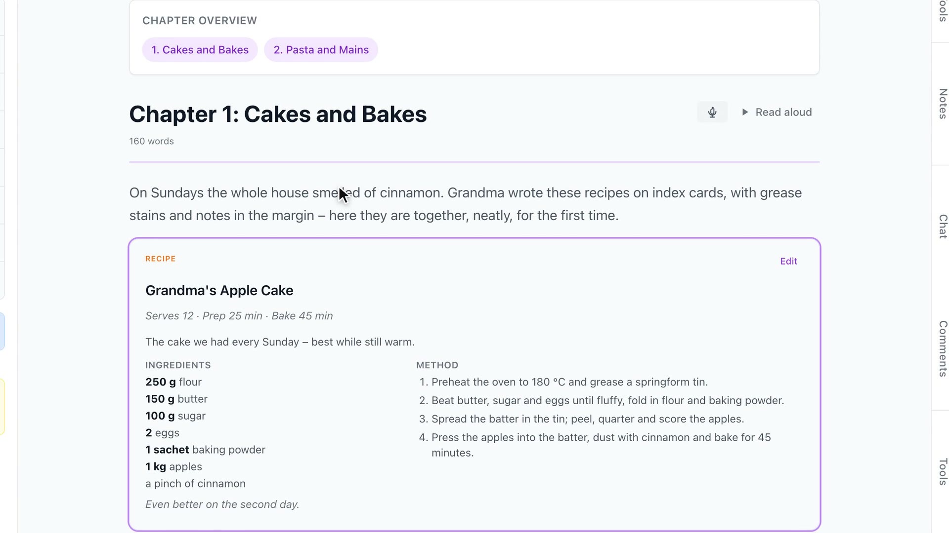 Grandma's apple cake as a finished recipe block: servings and times, ingredients with bold amounts on the left, numbered method on the right