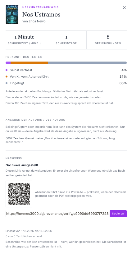 Der Herkunftsnachweis eines Buches in Hermes 3000: Schreibzeit, Schreibtage und Speicherungen, darunter die Aufteilung des Textes nach Herkunft, die Angabe der Autorin zu eingefügtem Text und der ausgestellte, signierte Nachweis mit QR-Code